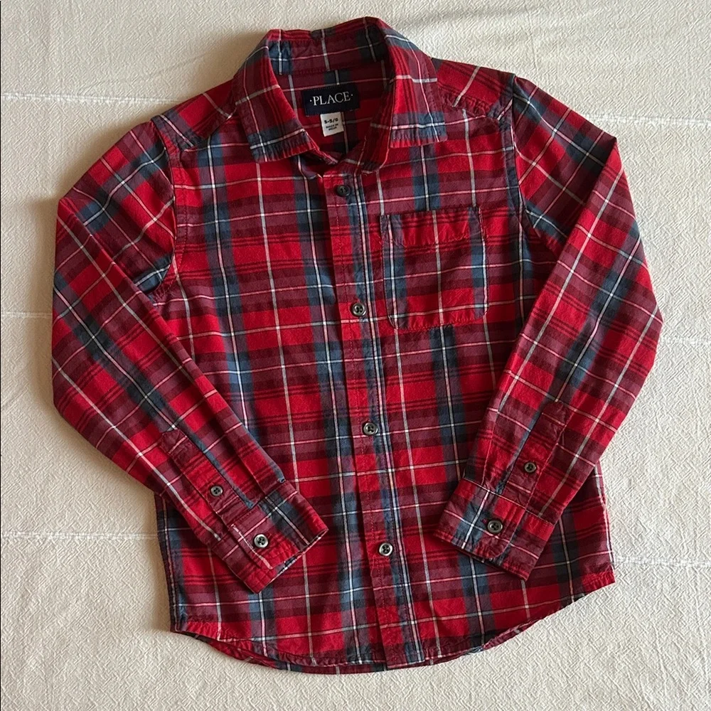 The Children's Place Red and Navy Plaid Button-Up Shirt